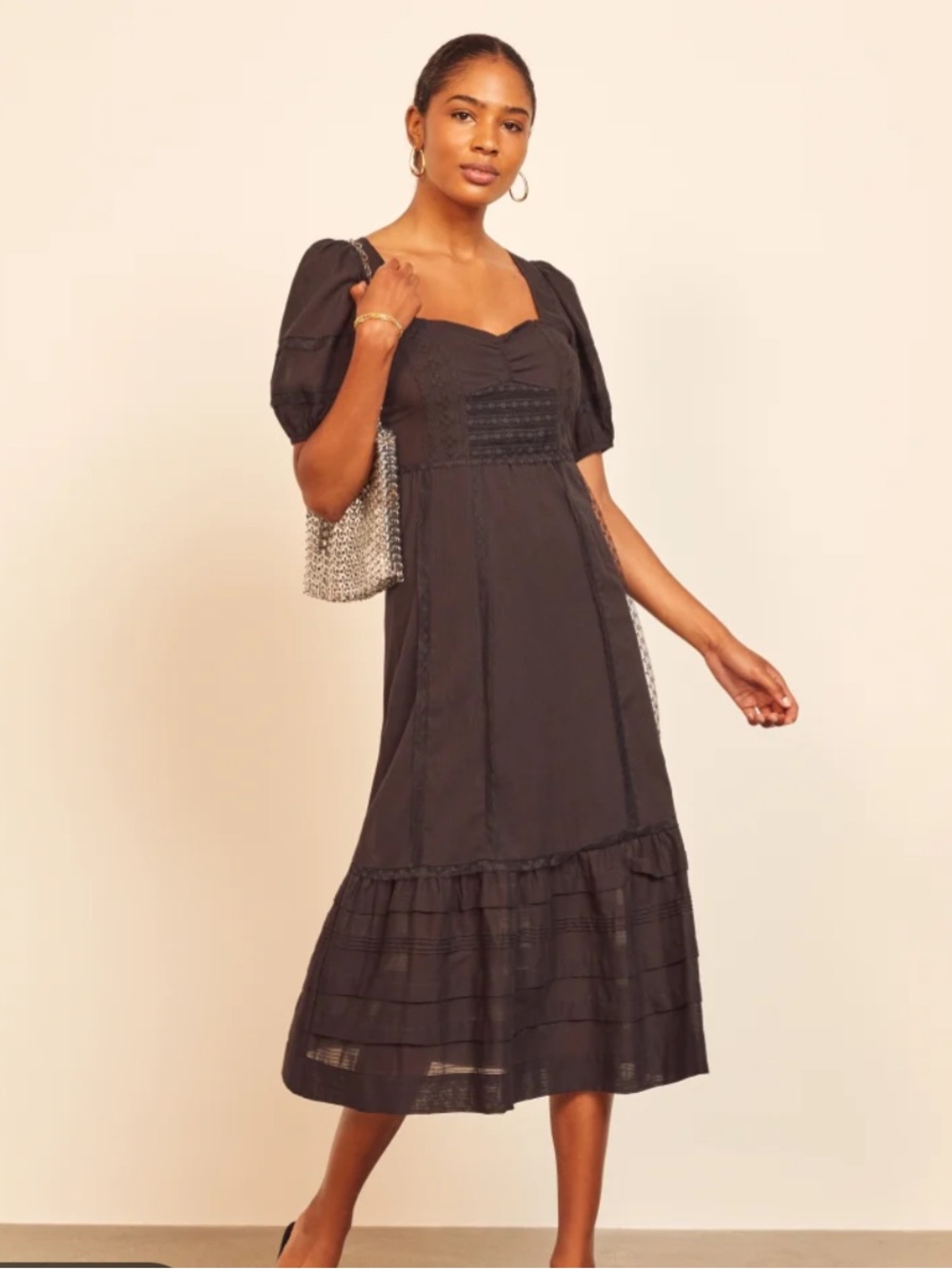 Reformation Black Puff-Sleeve Midi Dress - Women